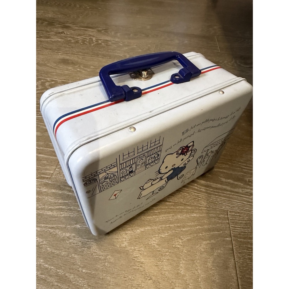 Hello Kitty Metal Lunchbox White Paris Cafe Design with Blue Handle